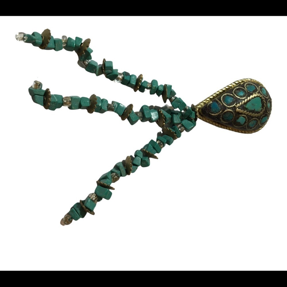 VINTAGE Turquoise and gold tone with bead tassels brooch pin